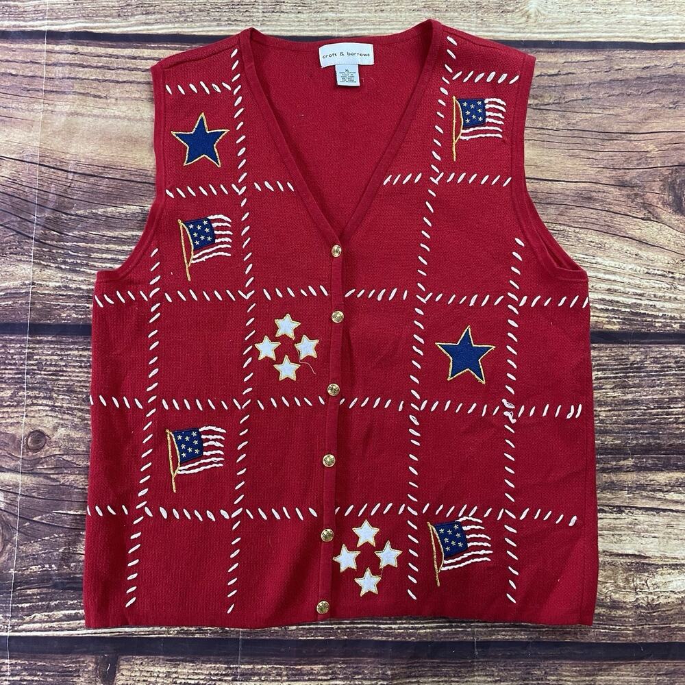 Croft & Barrow Sweater Vest Womens XL Red Christmas American Embroidered V Neck